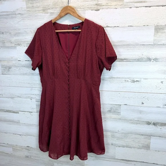 Madewell Burgundy Swiss Dot Mini Dress Button Front Cotton Cottagecore 12 - Picture 4 of 13